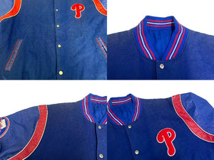 JH DESIGN JHデザイン リバーシブル バーシティジャケット スタジャン PHILLIES フィリーズ MLB ブルー ウール アクリル レザー XXL 美品 中古 4c075671