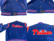 Load image into Gallery viewer, JH DESIGN JHデザイン リバーシブル バーシティジャケット スタジャン PHILLIES フィリーズ MLB ブルー ウール アクリル レザー XXL 美品 中古 4c075671