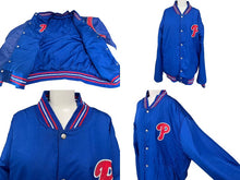 Load image into Gallery viewer, JH DESIGN JHデザイン リバーシブル バーシティジャケット スタジャン PHILLIES フィリーズ MLB ブルー ウール アクリル レザー XXL 美品 中古 4c075671