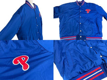 Load image into Gallery viewer, JH DESIGN JHデザイン リバーシブル バーシティジャケット スタジャン PHILLIES フィリーズ MLB ブルー ウール アクリル レザー XXL 美品 中古 4c075671