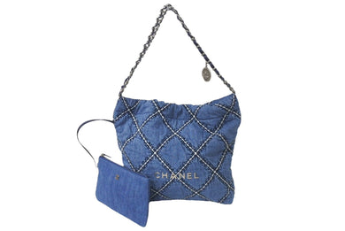 新品同様 CHANEL シャネル22 デニム チェーンショルダーバッグ ブルー シルバー金具 AS3261 中古 4c075687