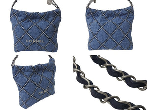 新品同様 CHANEL シャネル22 デニム チェーンショルダーバッグ ブルー シルバー金具 AS3261 中古 4c075687