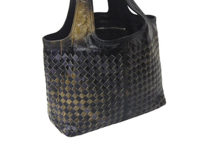 BOTTEGA VENETA ボッテガヴェネタ イントレチャート ハンドバッグ 138749 エナメル レザー ブラック イエロー 美品 中古 4c075691