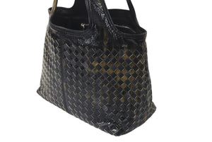 BOTTEGA VENETA ボッテガヴェネタ イントレチャート ハンドバッグ 138749 エナメル レザー ブラック イエロー 美品 中古 4c075691