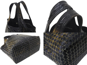 BOTTEGA VENETA ボッテガヴェネタ イントレチャート ハンドバッグ 138749 エナメル レザー ブラック イエロー 美品 中古 4c075691
