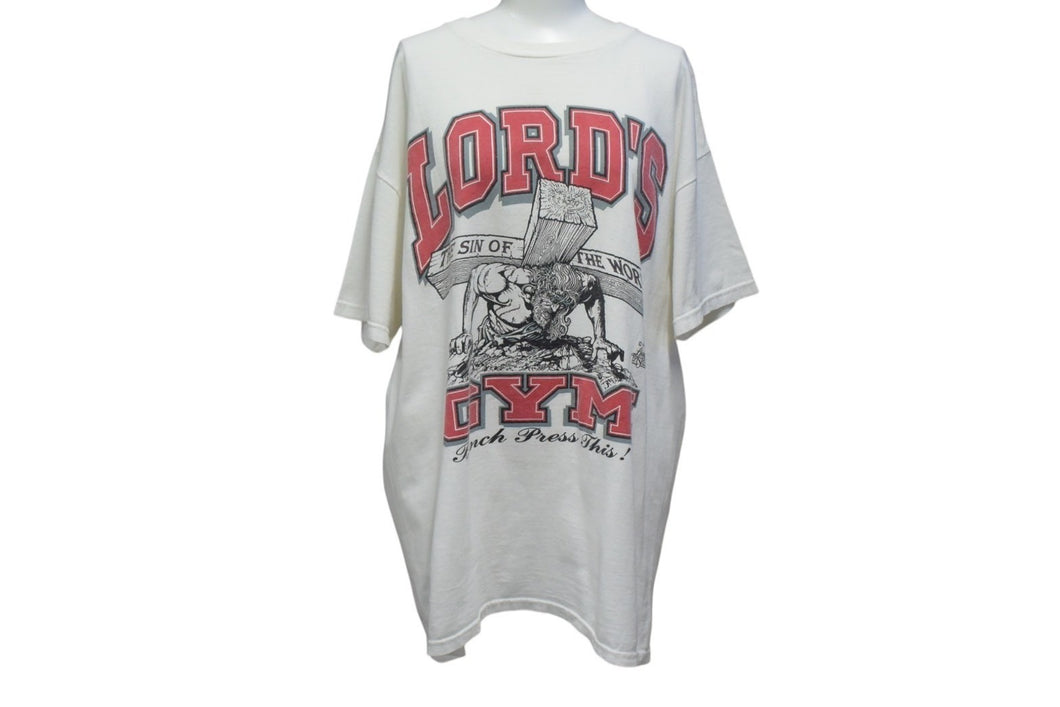 VINTAGE ヴィンテージ 1990年製 LORD'S GYM ローズジム Tシャツ サイズL ジーザスクライド ホワイト 古着 中古 4c075779 