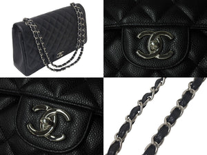 極美品 CHANEL シャネル マトラッセ33 Wフラップ Wチェーン ショルダーバッグ 15番台 キャビアスキン ブラック シルバー金具 中古 4c075851