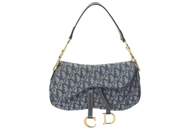 ChristianDior クリスチャンディオール トロッター ダブルサドルバッグ キャンバス レザー ネイビー ゴールド 美品 中古 4c075853