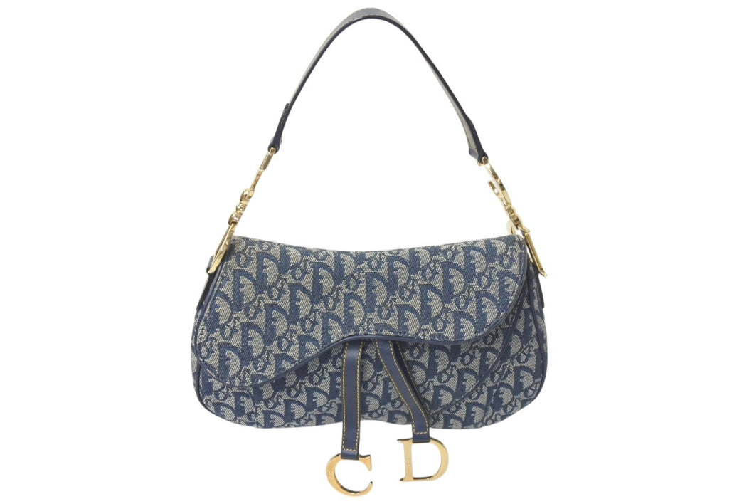 ChristianDior クリスチャンディオール トロッター ダブルサドルバッグ キャンバス レザー ネイビー ゴールド 美品 中古 4c075853
