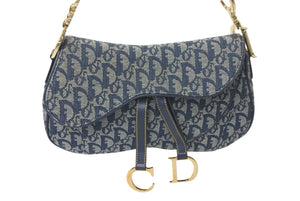 ChristianDior クリスチャンディオール トロッター ダブルサドルバッグ キャンバス レザー ネイビー ゴールド 美品 中古 4c075853