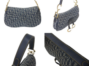 ChristianDior クリスチャンディオール トロッター ダブルサドルバッグ キャンバス レザー ネイビー ゴールド 美品 中古 4c075853