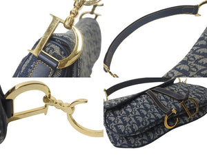 ChristianDior クリスチャンディオール トロッター ダブルサドルバッグ キャンバス レザー ネイビー ゴールド 美品 中古 4c075853