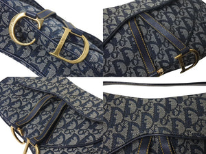 ChristianDior クリスチャンディオール トロッター ダブルサドルバッグ キャンバス レザー ネイビー ゴールド 美品 中古 4c075853