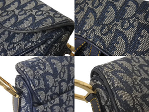 ChristianDior クリスチャンディオール トロッター ダブルサドルバッグ キャンバス レザー ネイビー ゴールド 美品 中古 4c075853
