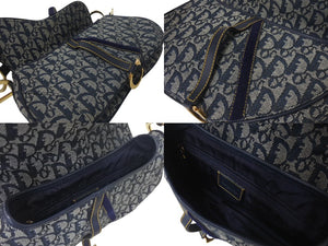 ChristianDior クリスチャンディオール トロッター ダブルサドルバッグ キャンバス レザー ネイビー ゴールド 美品 中古 4c075853