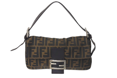 FENDI フェンディ マンマバケット ワンショルダーバッグ ズッカ柄 コットンキャンバス レザー シルバー金具 ブラウン 美品 中古 4c075869