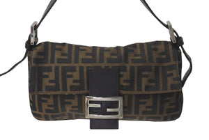 FENDI フェンディ マンマバケット ワンショルダーバッグ ズッカ柄 コットンキャンバス レザー シルバー金具 ブラウン 美品 中古 4c075869