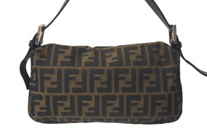 FENDI フェンディ マンマバケット ワンショルダーバッグ ズッカ柄 コットンキャンバス レザー シルバー金具 ブラウン 美品 中古 4c075869