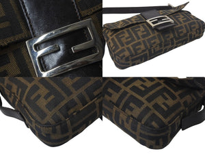 FENDI フェンディ マンマバケット ワンショルダーバッグ ズッカ柄 コットンキャンバス レザー シルバー金具 ブラウン 美品 中古 4c075869