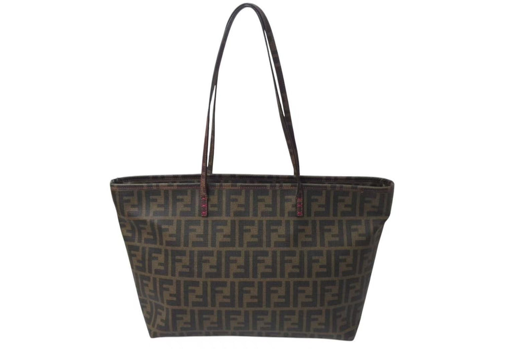 極美品 FENDI フェンディ ズッカ柄 トートバッグ ブラウン ピンク PVC レザー 鞄 肩掛け ワンショル 8BH198 ゴールド金具 中古 4c075887 