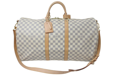 極美品 LOUIS VUITTON ルイヴィトン ダミエ アズール キーポル55 ボストンバッグ N41429 PVC ヌメ革 ホワイト ブラウン 中古 4c075967