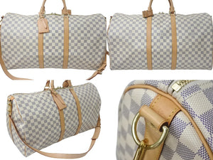 極美品 LOUIS VUITTON ルイヴィトン ダミエ アズール キーポル55 ボストンバッグ N41429 PVC ヌメ革 ホワイト ブラウン 中古 4c075967