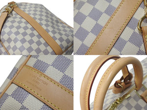 極美品 LOUIS VUITTON ルイヴィトン ダミエ アズール キーポル55 ボストンバッグ N41429 PVC ヌメ革 ホワイト ブラウン 中古 4c075967
