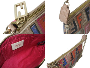 FENDI フェンディ アクセサリーポーチ チェーンショルダーバッグ 8BR592 ズッカ柄 マルチカラー ベージュ 108/2305 美品 中古 4c075979
