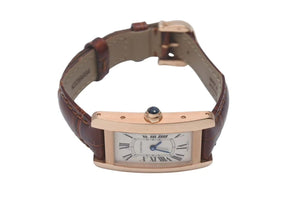 極美品 CARTIER カルティエ クオーツ 時計 タンク アメリカン W2607456 QZ PG 革ベルト ピンクゴールド シルバー文字盤 ブラック 中古 4c076066