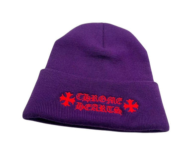 極美品 CHROME HEARTS クロムハーツ ウールワッチキャップ ロゴ刺繍ビーニー ニットキャップ 帽子 パープル レッド 中古 4c076080