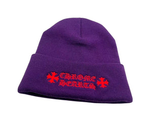 極美品 CHROME HEARTS クロムハーツ ウールワッチキャップ ロゴ刺繍ビーニー ニットキャップ 帽子 パープル レッド 中古 4c076080