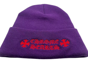 極美品 CHROME HEARTS クロムハーツ ウールワッチキャップ ロゴ刺繍ビーニー ニットキャップ 帽子 パープル レッド 中古 4c076080