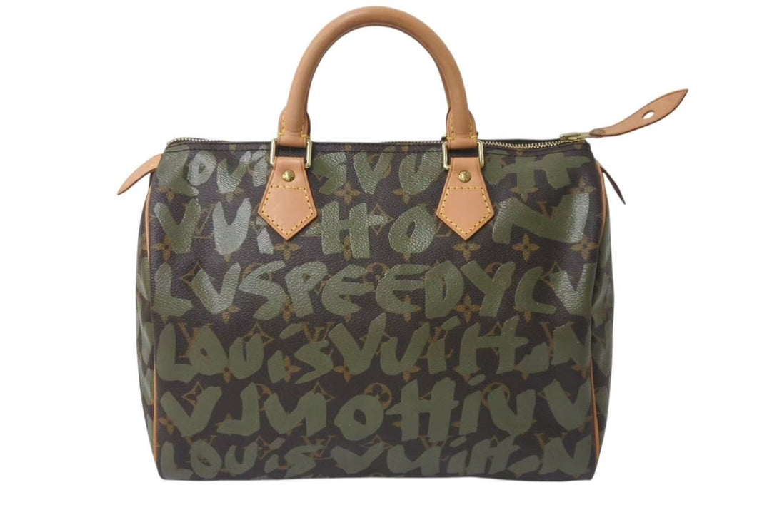 極美品 LOUIS VUITTON ルイヴィトン ハンドバッグ スピーディ30 モノグラムグラフィティ カーキ M92194 ゴールド金具 中古 4c076092