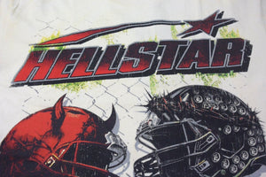 新品未使用 HELLSTAR ヘルスター WAR READY ウォーレディ 半袖Tシャツ コットン クリーム レッド グリーン サイズL 中古 4c076160