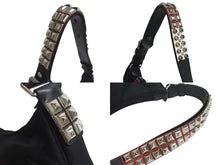 Load image into Gallery viewer, 極美品 PRADA プラダ NEW VELA ショルダーバッグ スタッズ トライアングルロゴ 1BC087 ブラック レッド シルバー金具 中古 4c076186