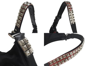 極美品 PRADA プラダ NEW VELA ショルダーバッグ スタッズ トライアングルロゴ 1BC087 ブラック レッド シルバー金具 中古 4c076186
