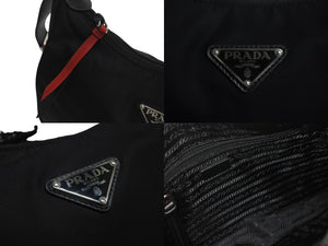 極美品 PRADA プラダ NEW VELA ショルダーバッグ スタッズ トライアングルロゴ 1BC087 ブラック レッド シルバー金具 中古 4c076186