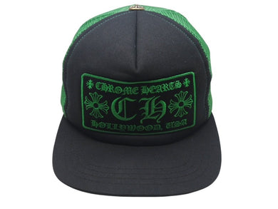 極美品 CHROME HEARTS クロムハーツ トラッカーキャップ 帽子 キャンバス ブラック グリーン コットン シルバー925 中古 4c076190