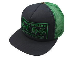 極美品 CHROME HEARTS クロムハーツ トラッカーキャップ 帽子 キャンバス ブラック グリーン コットン シルバー925 中古 4c076190