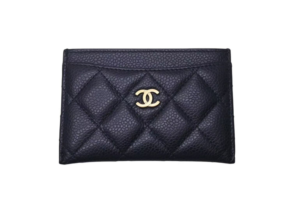 CHANEL シャネル カードケース マトラッセ 21番台 2015年 キャビアスキン ネイビー ゴールド金具 美品 中古 4c076195