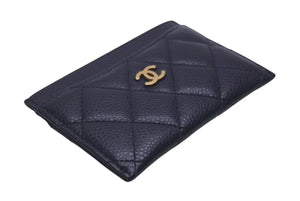 CHANEL シャネル カードケース マトラッセ 21番台 2015年 キャビアスキン ネイビー ゴールド金具 美品 中古 4c076195