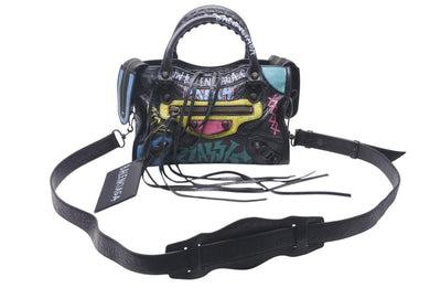BALENCIAGA バレンシアガ ハンドバッグ グラフィティ クラシックミニシティ ペイント ブラック マルチカラー レザー 300295 美品 中古 4c076455