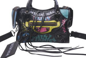 BALENCIAGA バレンシアガ ハンドバッグ グラフィティ クラシックミニシティ ペイント ブラック マルチカラー レザー 300295 美品 中古 4c076455