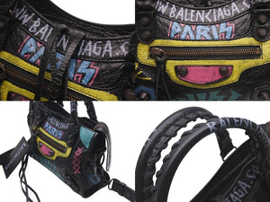 BALENCIAGA バレンシアガ ハンドバッグ グラフィティ クラシックミニシティ ペイント ブラック マルチカラー レザー 300295 美品 中古 4c076455