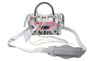 BALENCIAGA バレンシアガ ハンドバッグ グラフィティ クラシックミニシティ ペイント ホワイト マルチカラー レザー 300295 中古 4c076456