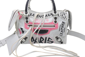 BALENCIAGA バレンシアガ ハンドバッグ グラフィティ クラシックミニシティ ペイント ホワイト マルチカラー レザー 300295 中古 4c076456