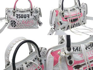 BALENCIAGA バレンシアガ ハンドバッグ グラフィティ クラシックミニシティ ペイント ホワイト マルチカラー レザー 300295 中古 4c076456