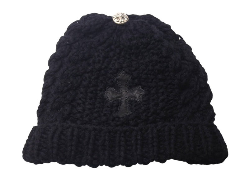 新品未使用 CHROME HEARTS クロムハーツ カシミヤ クロスパッチ ビーニー ニットキャップ 帽子 ブラック 中古 4c076523