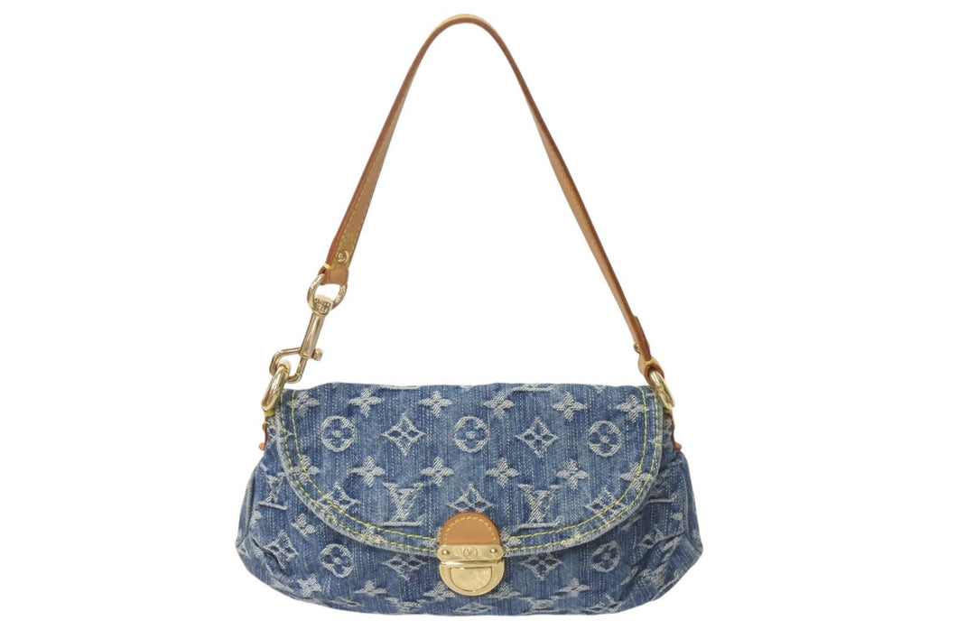 LOUIS VUITTON ルイヴィトン モノグラムデニム ミニプリーティ ハンドバッグ M95050 レザー ブルー 美品 中古 4c076528