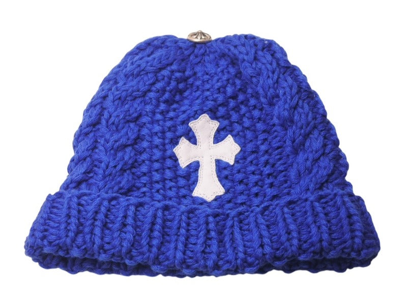 新品未使用 CHROME HEARTS クロムハーツ カシミヤ クロスパッチ ビーニー ニットキャップ 帽子 ブルー 中古 4c076529